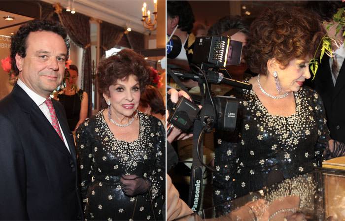 Izquierda: Gina Lollobrigida y Horacio Pagani - Derecha: Gina Lollobrigida viendo sus joyas expuestas