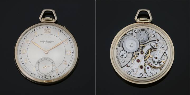 Reloj de bolsillo Jules Jürgensen, número 761837, de los años 30. Tiene una esfera moderna y moderna y una caja delgada y suave de oro de 18 quilates. Escape de palanca con volante bimetálico. Esfera fabricada en plata maciza con acabado cepillado y números Arábigos dorados. Agujas de oro amarillo.